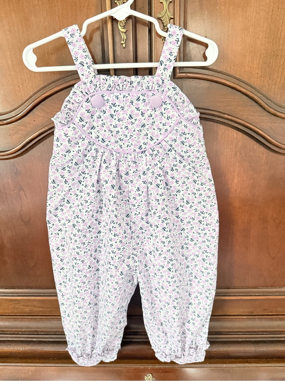 Shrimp & Grits Kids 12M Pink Floral Ruffle Bubble Romper Overalls